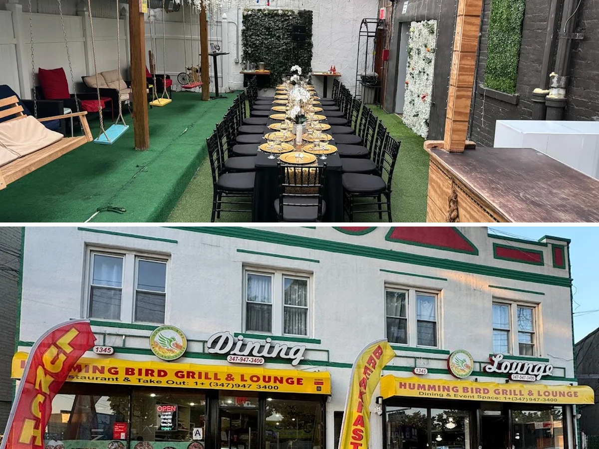 Casual restaurant seating beside a bar.